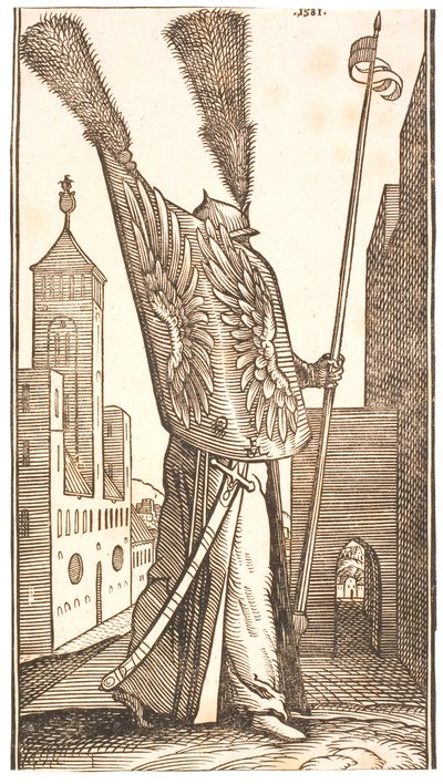 Stående soldat med et skjold dekoreret med ørnevinger og en hjelm prydet med en enorm fane af Melchior Lorck
