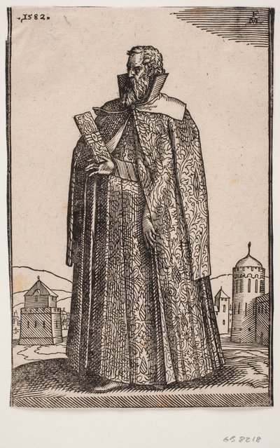 Stående ambassadør i europæisk (venetiansk?) dragt, 3/4 profil mod v.; i h. hånd holder han et brevfutteral af Melchior Lorck