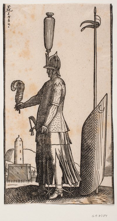 Stående hjelmklædt soldat, profil mod v., holdende en fjer i sin fremstrakte hånd; bag ham støttes et halvmåneprydet skjold mod en lanse stukket ned i jorden af Melchior Lorck