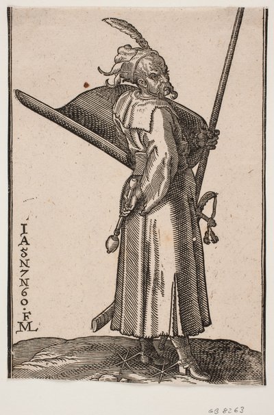 Stående soldat (akinci), profil mod h.; i h. hånd en stridskølle, i v. hånd en lanse, hvis top er uden for øvre indramningslinje; på v. arm et skjold med indersiden vendt opad, ved v. side et sværd af Melchior Lorck