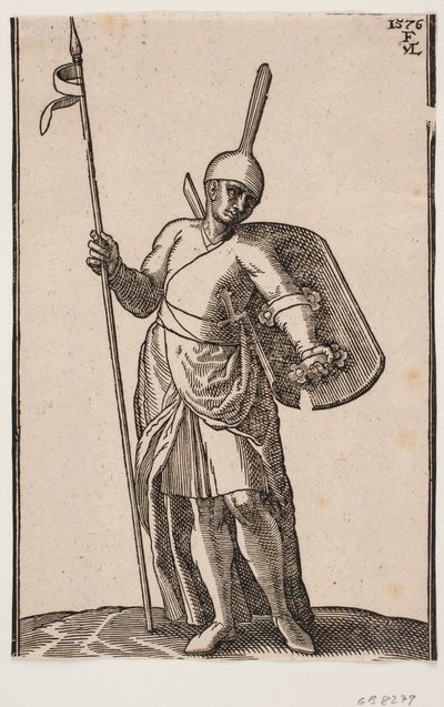 Stående soldat, frontalt set; hovedbeklædning med høj, tynd top; i h. hånd et spyd, på v. arm et skjold, som ses indefra af Melchior Lorck