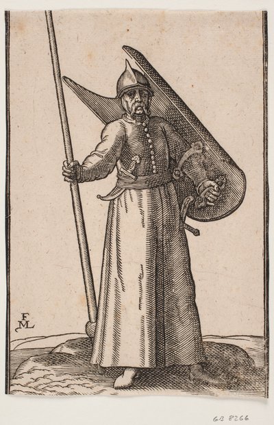 Stående soldat med hjelm på hovedet; i h. hånd en lanse, hvis top er udenfor øvre indramningslinje; på v. arm et krumt skjold, som ses indefra; i bæltet under h. arm en krum dolk, ved v. side et sværd af Melchior Lorck
