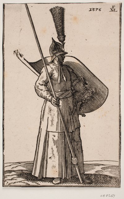 Stående soldat, vendt mod h.; på hovedet en spids hjelm med anselig fjerbusk; i h. hånd en lanse, hvis top er uden for øvre indramningslinje; på v. arm et skjold med indersiden vendt opad af Melchior Lorck