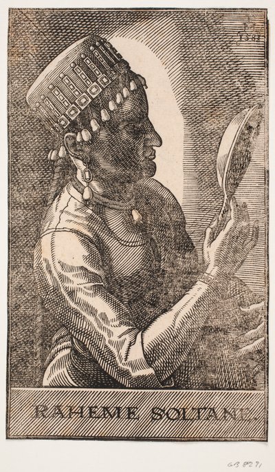 Sultanindeportræt, spejlende, profil mod h.: RAHEME SOLTANE. af Melchior Lorck
