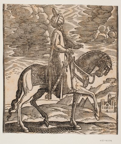 Turban-klædt rytter, med et sværd på højre side, profil mod højre; mellem hestens forben kommer to pyramider til syne af Melchior Lorck