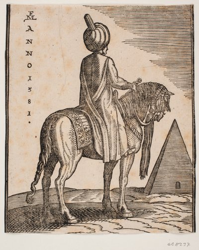 Turbanbærende, ubevæbnet rytter set skråt bagfra; t.h. i baggrunden en pyramide af Melchior Lorck