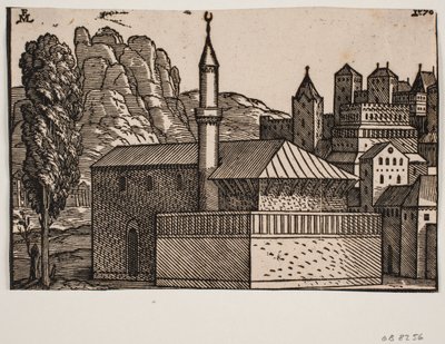 Uidentificeret moské med 1 minaret, t.v. højt træ af Melchior Lorck