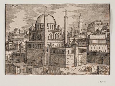 Uidentificeret moské med 2 minareter, set fra nordøst; i forgrunden byggeplads med stablede byggesten af Melchior Lorck