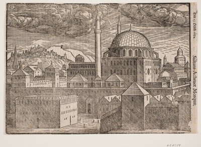 Uidentificeret moské med 2 minareter, set fra sydøst; t.v. bjerg med befæstet by af Melchior Lorck