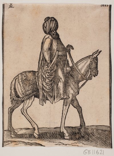 Ubevæbnet velnæret ældre rytter med turban på hovedet, profil mod højre af Melchior Lorck