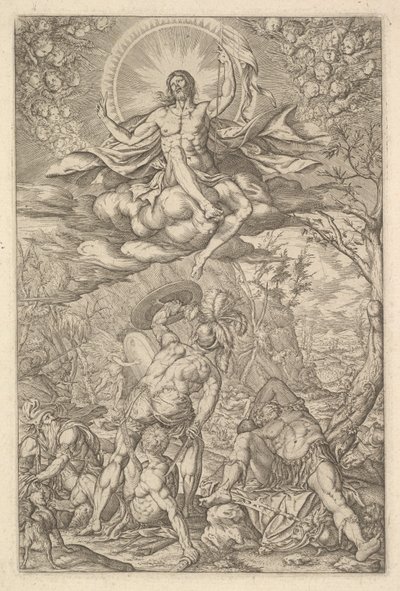 Kristi opstandelse, omgivet af en aureole og skyer med linjer af vingede putti til..., 1577. af Melchior Meier