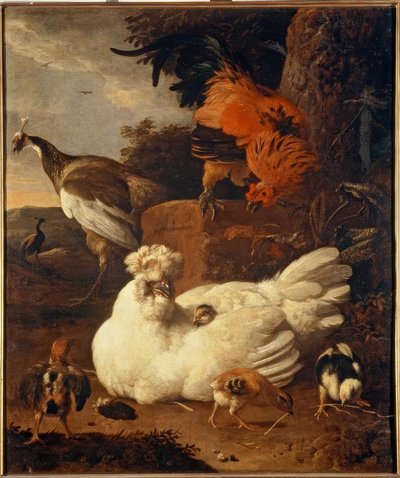 M. de Hondecoeter, hønemor med kyllinger af Melchior de Hondecoeter
