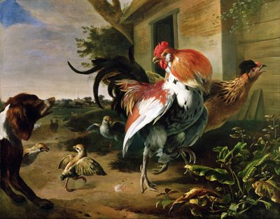 Fjerkræ og Spaniel i en gård af Melchior de Hondecoeter