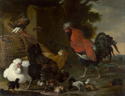"A Cock, Hens and Chicks" (A Cock, Hens and Chicks) Maleri af Melchior de Hondecoeter (1636-1695) Olie på lærred ca 1668-1670 Dim 85,5x110 cm National Gallery, London af Melchior de Hondecoeter