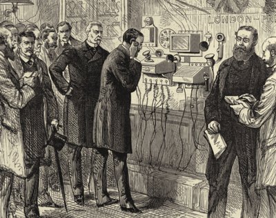 Åbning af den anglo-engelske telefonlinje. Den første telefonsamtale mellem London og Paris på General Post Office i London. Bell-instrumenter blev brugt i London-enden. Træsnit Paris 28. marts 1891. Gravering. af Melton (after) Prior