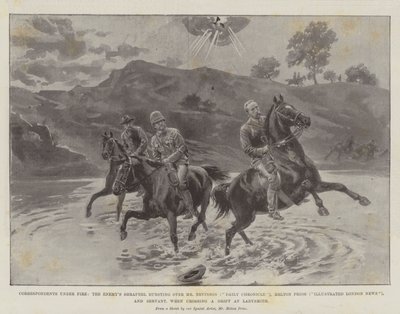 Korrespondenter under ild, fjendens granatsplinter sprænger over Mr Nevinson (Daily Chronicle), Melton Prior (Illustrated London News) og Servant, når de krydser en Drift ved Ladysmith af Melton Prior