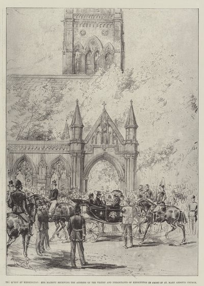 Dronningen i Kensington, Hendes Majestæt, der modtager adressen til Vestry og indbyggere i Kensington foran St Mary Abbotts Church af Melton Prior