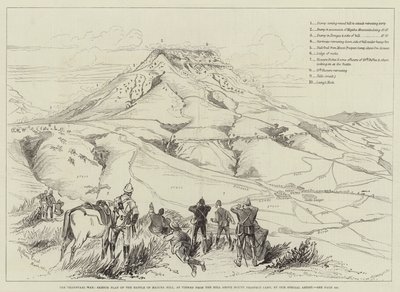 Transvaal-krigen, skitseplan for slaget ved Majuba Hill, set fra bakken over Mount Prospect Camp af Melton Prior