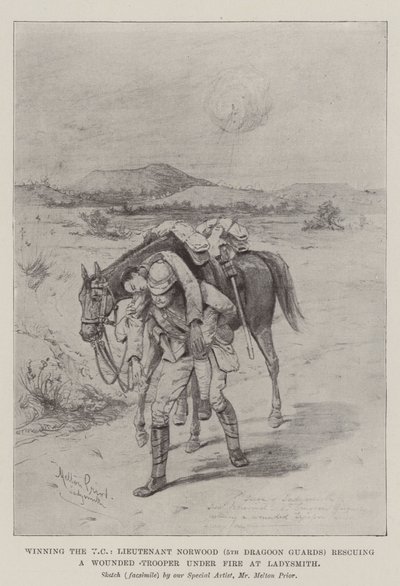 Ved at vinde VC, reddede løjtnant Norwood (5th Dragoon Guards) en såret trooper under beskydning ved Ladysmith af Melton Prior