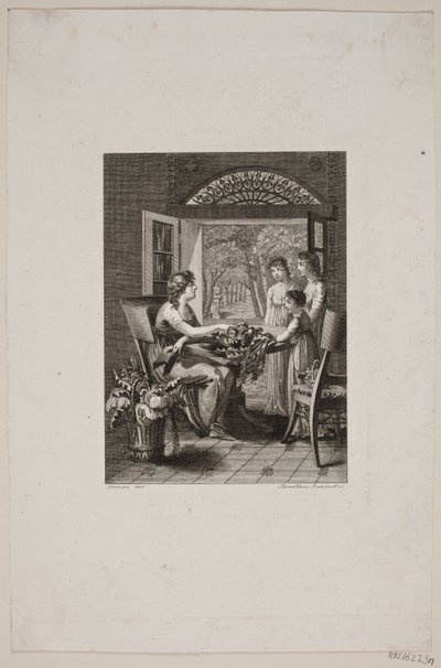 Illustration med kvinder om et bord i en havestue af Meno Haas