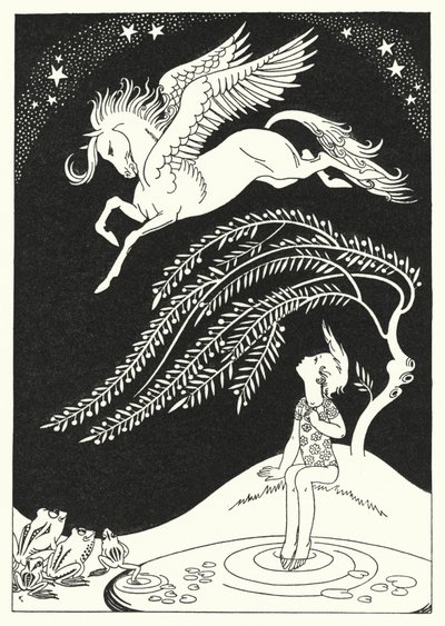 Nedad kom Pegasus, i brede fejende cirkler (farve litho) af Merlyn Mann