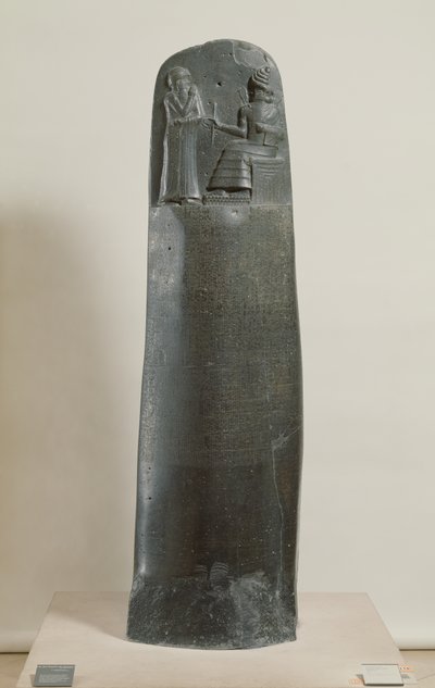 Hammurabis kodeks: guden Shamash dikterer sine love til Hammurabi, Babylons konge, fundet i Susa, Iran, ca. 1750 f.Kr. (diorit) (for detaljer se 69507) af Mesopotamian