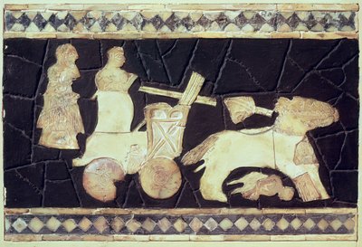 Krigsvogn trukket af to heste, 2800-2300 f.Kr. (elfenben, perlemor og mosaik) af Mesopotamian