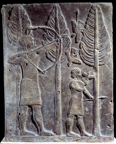 Fuglejagtscene. Lavt relief i albaster fra Palace of Sargon II eller Sharroukin, konge af Assyrien til Khorsabad (Khunsabad) (Mesopotamien), Irak. 722-705 f.Kr. Paris. Louvre-museet af Mesopotamian Mesopotamian