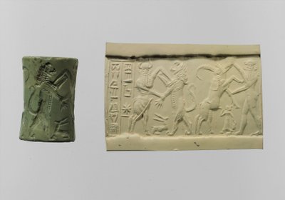Cylinderforsegling af kamp med moderne indtryk c.2250-2150 f.Kr. (albit) af Mesopotamian Mesopotamian