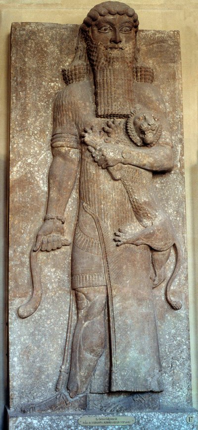 Mesopotamien: "" Statue af Sargon, der mestrer en løve""" sagde "" Gilgamesh"" Court Khorsabad (Khunsabad) 8. århundrede. Paris, Louvre-museet af Mesopotamian Mesopotamian