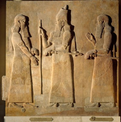 Orientalske antikviteter: detalje af et albasterrelief, der repræsenterer Sargon II, der giver ordre til en højtstående embedsmand, fra Palace of Sargon II eller Sharroukin, konge af Assyrien til Khorsabad (Khunsabad) (Mesopotamien), Irak. 722-705 f.Kr. Pa af Mesopotamian Mesopotamian