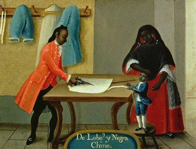 En lobo indianer, hans halvblods afrikanske kone og deres barn, fra en serie om blandede ægteskaber i Mexico af Mexican School