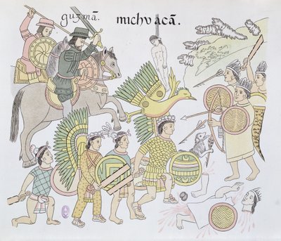 Slaget ved Michoacan mellem spanierne og aztekerne, illustration fra en faksimile af en mexicansk indisk billedhistorie Lienzo de Tlaxcala fra ca. 1550, 1892 af Mexican School