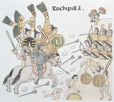 Slaget ved Xochipilla mellem spanierne og aztekerne, illustration fra en faksimile af en mexicansk indisk billedhistorie Lienzo de Tlaxcala fra ca. 1550, 1892 af Mexican School