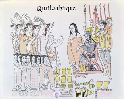 La Malinche (Dona Marina) som tolk under præsentationen af kvinder og guld af Montezuma (1466-1520) til Hernando Cortes (1485-1547) illustration fra en faksimile af et mexicansk indisk billede af Mexican School