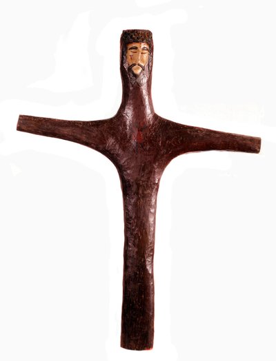 Mexicansk kunst: polykromt trækors med Kristi hoved udskåret i ét stykke. 17. århundrede søn. 2x1,56 m Mexico. Michoacan Regional Museum af Mexican School