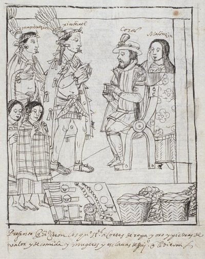 Montezuma møder Cortez Ms Hunter 242 f.255r Conquest of Mexico, fra Historia de Tlaxcala af Diego Munoz Camargo af Mexican School