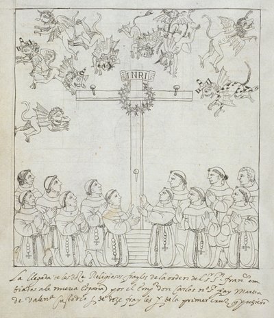 Ms Hunter 242 f.239v Opførelsen af det første kors, fra Historia de Tlaxcala af Diego Munoz Camargo af Mexican School