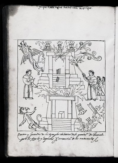 Ms Hunter 242 f.240v Franciscans brændende templer, illustration fra Historia de Tlaxcala af Diego Munoz Camargo af Mexican School