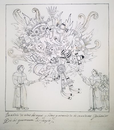 Ms Hunter 242 f.242r franciskanerbrødre, der brænder traditionelle bøger og tøj, fra Historia de Tlaxcala af Diego Munoz Camargo af Mexican School