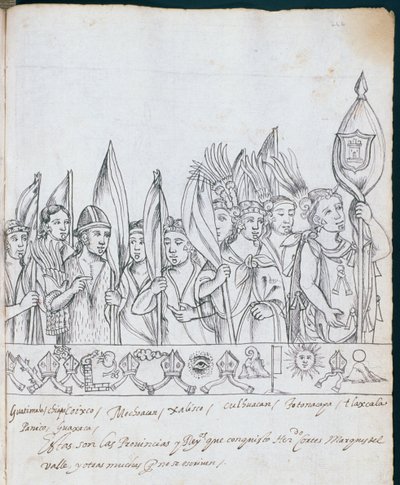 Ms Hunter 242 f.246r Repræsentanter for de mexicanske provinser, fra Historia de Tlaxcala af Diego Munoz Camargo af Mexican School