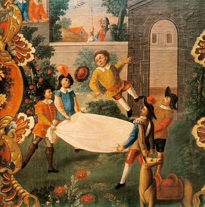 Scene fra Don Quixote of the Channel (El ingenioso Hidalgo Don Quixote de la Mancha) af Miguel de Cervantes (1547-1616) 18. århundrede (maleri) af Mexican School