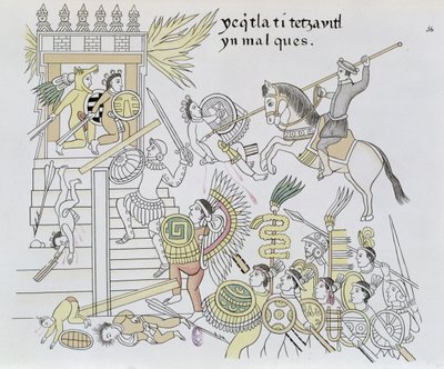 The Burning of the Idols af Hernan Cortes, illustration fra en faksimile af en mexicansk indisk billedhistorie Lienzo de Tlaxcala fra ca. 1550, 1892 (farvegravering) af Mexican School