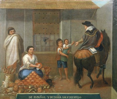 Tre figurer ved en markedsbod af Mexican School