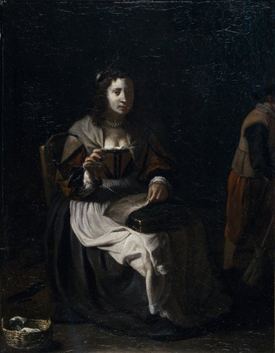 En kvinde, der syr (olie på lærred) af Michael (attr. to) Sweerts