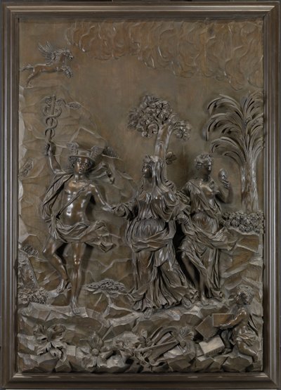 The Stowe-relieffer: Mercury dirigerer tragisk og komisk poesi til Parnassus-højen, ca. 1740 (bronseret limewood) af Michael (attr.to) Chuke