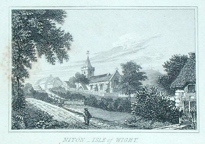 Niton Church, Isle of Wight, fra Michael Faradays scrapbog (gravering) af Michael Faraday