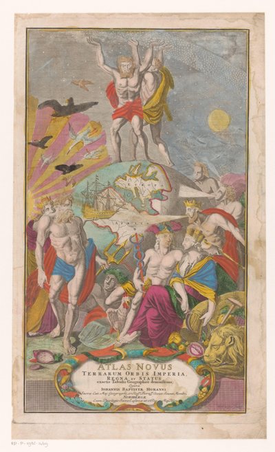 Atlas en Hercules bærer sternerhemel Titelside for: Johann Baptista Homann, Atlas Novus Terrarum Orbis Imperia, Regna og Status Exacte Tabulis Geographicè Demonstrants, 1729 af Michael Rössler