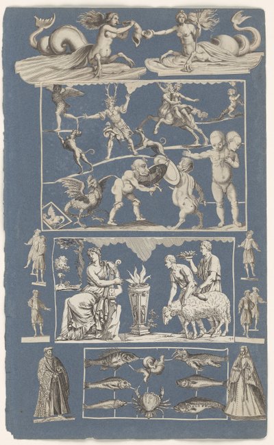 Collage af udklippede billeder klistret på et albumark af blåt papir naturens vidundere af Michael Snijders (attributed to)
