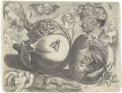 Studieark med tegningseksempler: hoveder, figurer, frugter, dyr Tegningseksempler (serietitel) af Michael Snijders